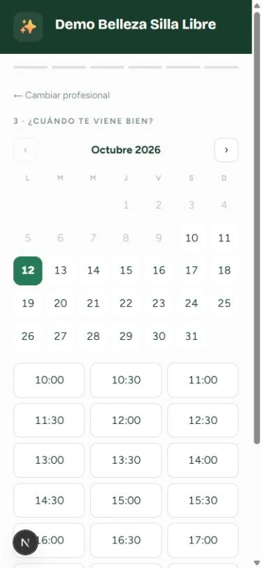 Pantalla de horario en la demo de Silla Libre