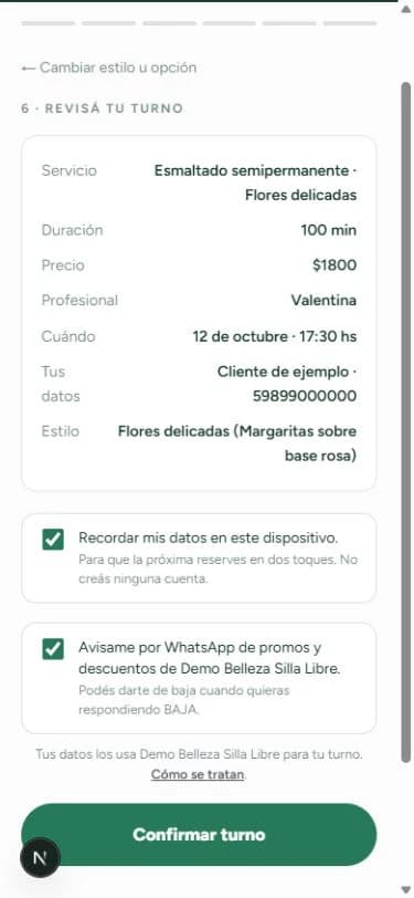 Pantalla de resumen en la demo de Silla Libre